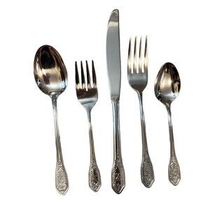 Custom‎ Craft Stainless Steel Flatware 42 Pieces Monogram (E) FLOWER Vtg Korea